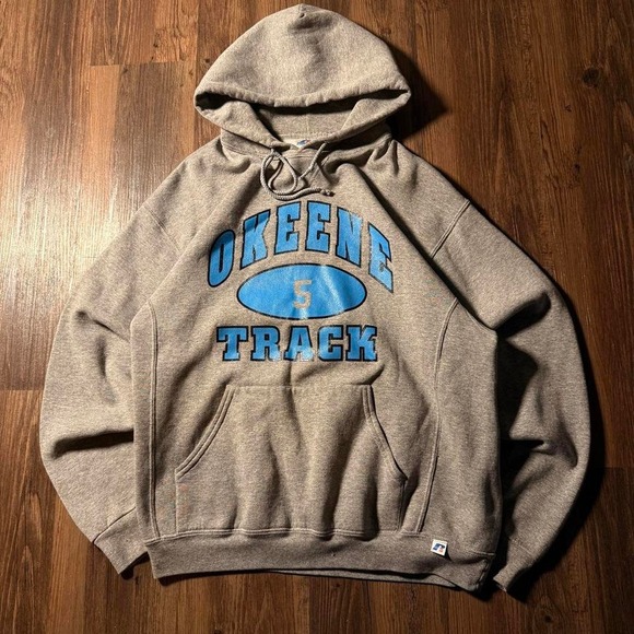 Russell Athletic Other - 90's Grey‎ Russell Athletic hoodie with blue O'Keene Track logo